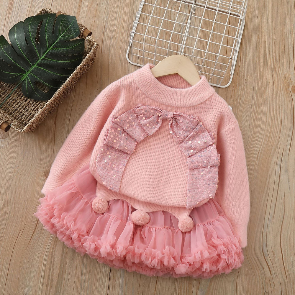 fall/winter new girls' sweater and tutu skirt set - handmade floral knit puffy skirt outfit for little girls