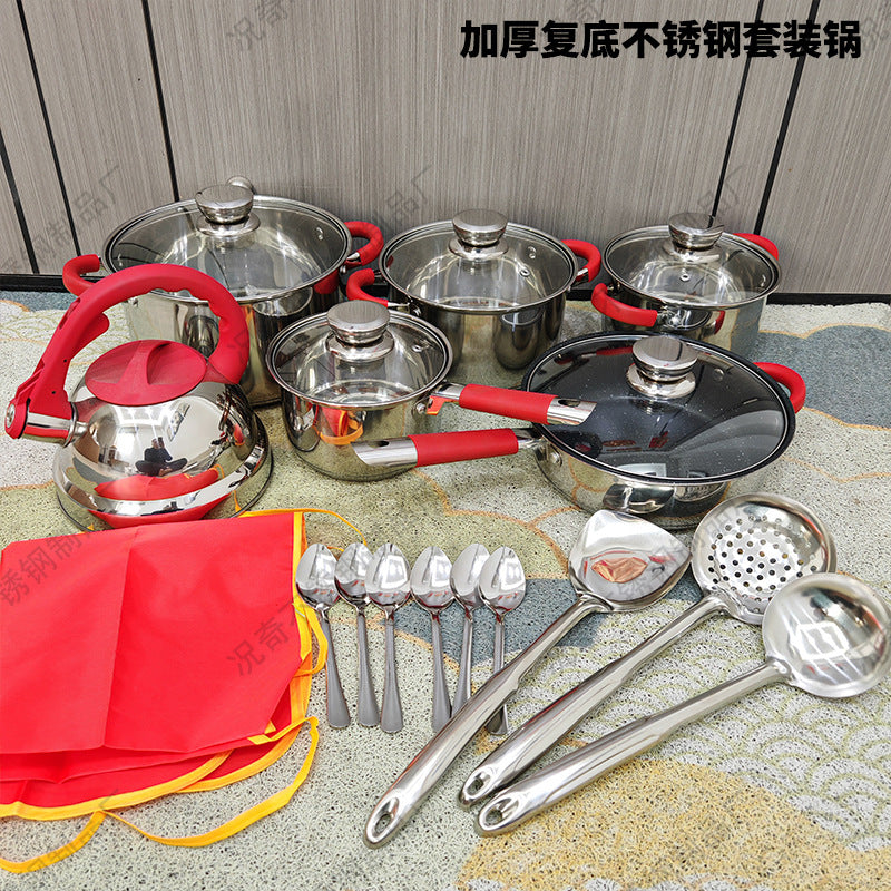Export russian suit pot for home multi-bottom stainless steel 22-piece pot suit with silicone handle soup pot frying pan