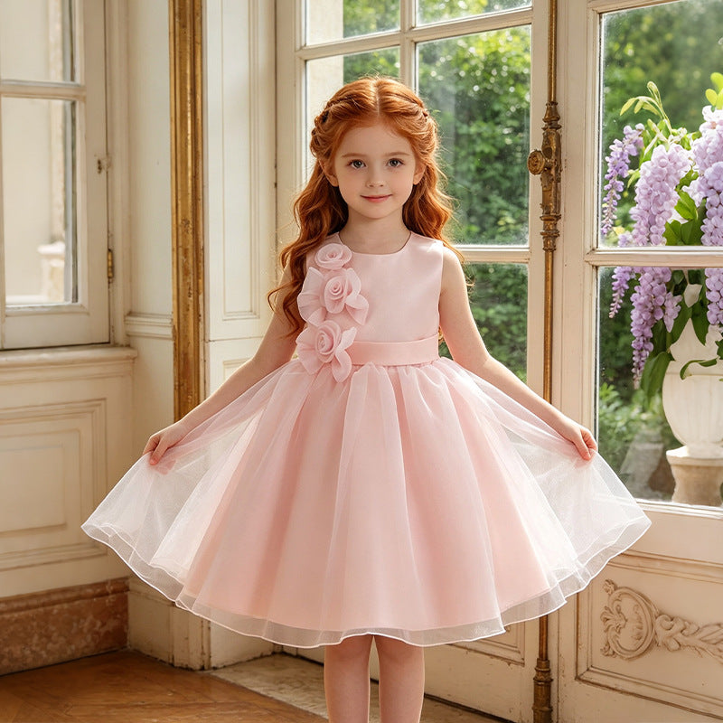 Girls' tulle first birthday wedding dress princess gown floral little girl baby wedding party dress
