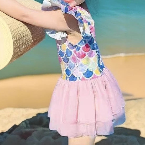 Ins style baby girl swimsuit cute cartoon one-piece mermaid princess dress swimwear toddler swim suit
