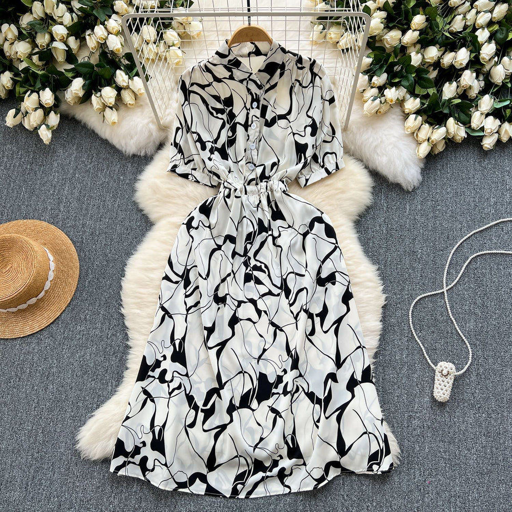 Niche stylesense of designprintingdressfemalenew arrivalsummer tie backwaist slimming lookmedium longvacation skirt