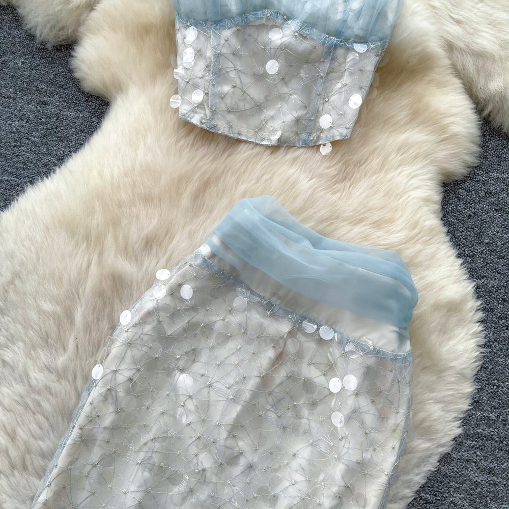 Light mature style classy sense of sequintwo-piece set female summer heavy industry mesh eleganceelegantwork clothingfashionsuit