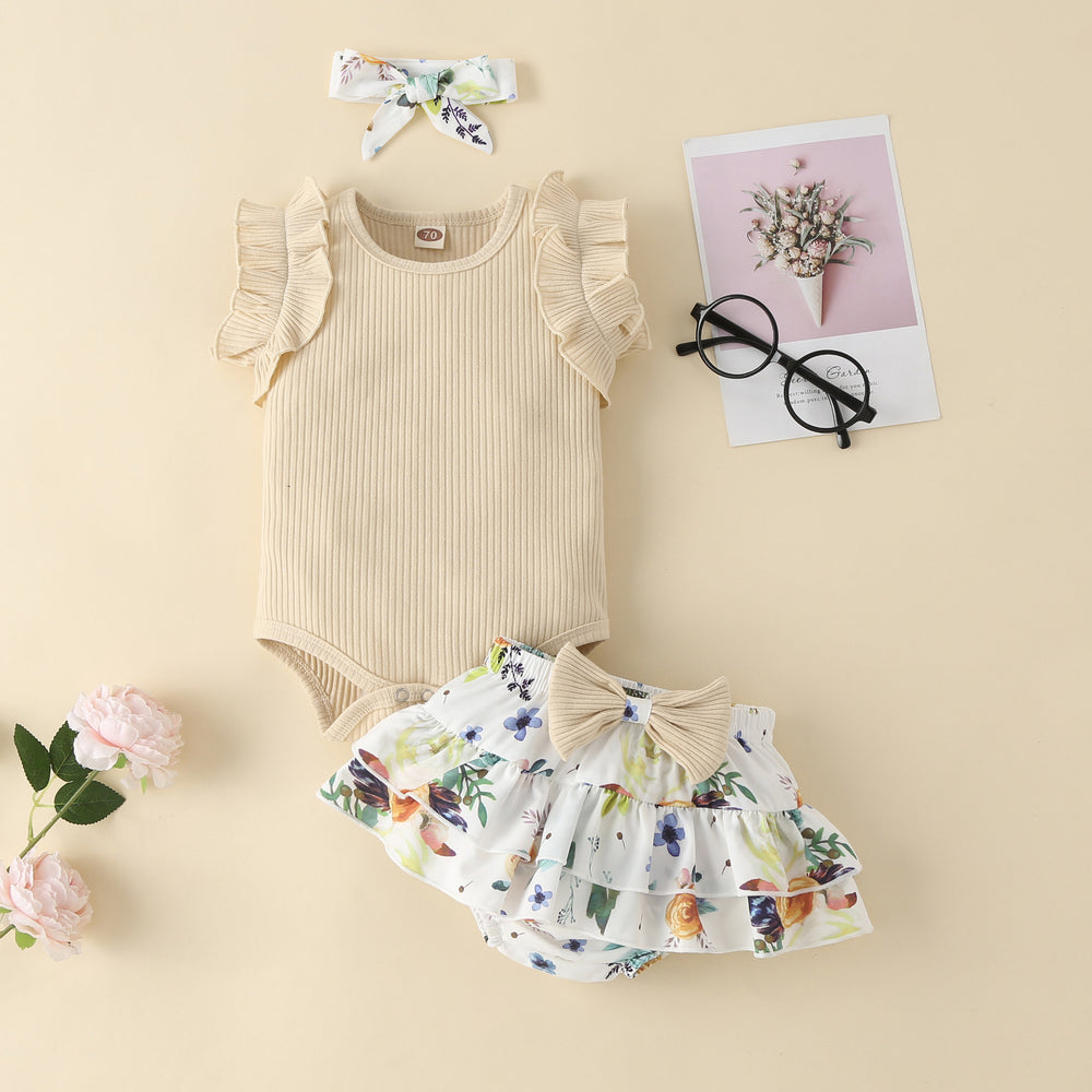 Children's summer kids khaki bag butt skirt girl vest cotton edge floral skirt bows infant short sleeve