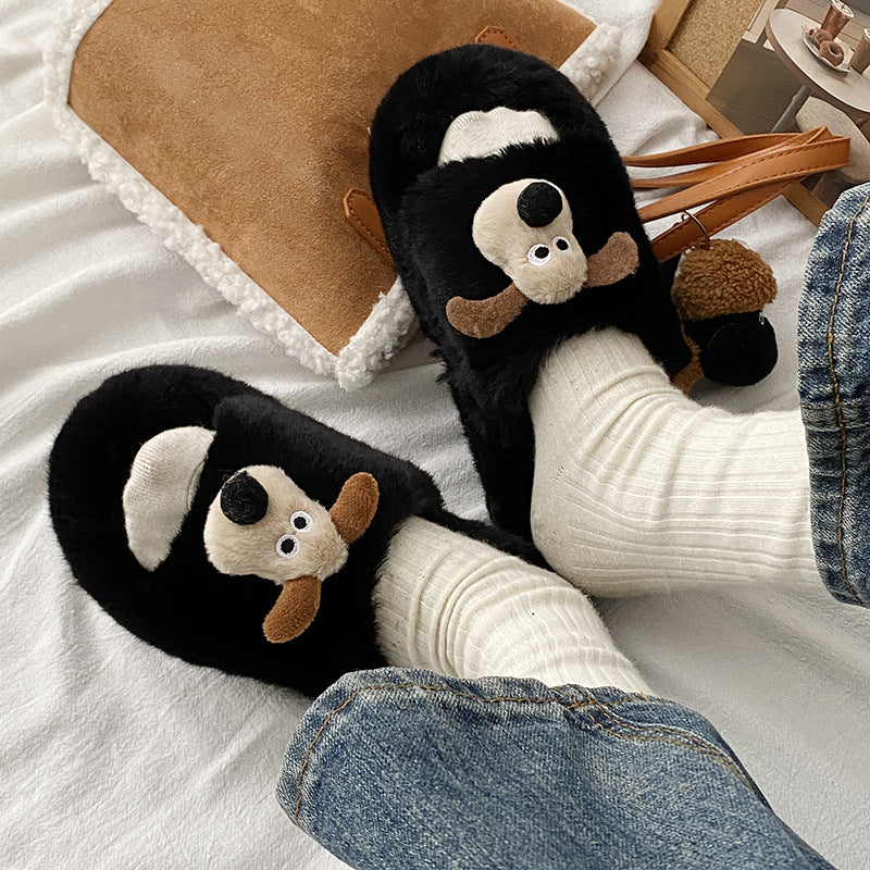 New cartoon puppy fuzzy slippers - stylish women's outdoor wear, cute home casual korean style cotton slippers, winter fuzzy shoes for going out