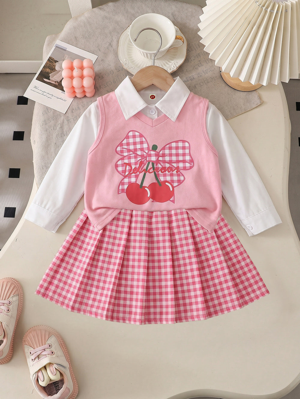 cross-border exclusive: preppy style blouse + knitted cherry print vest + pleated mini skirt three-piece set