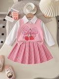 cross-border exclusive: preppy style blouse + knitted cherry print vest + pleated mini skirt three-piece set