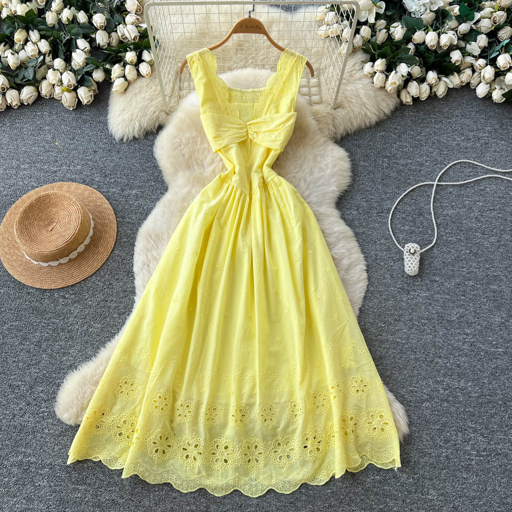 French red cut out sleeveless silmdress women's summer pure desire style high waist slimming lookelegant vacation style a-line skirt