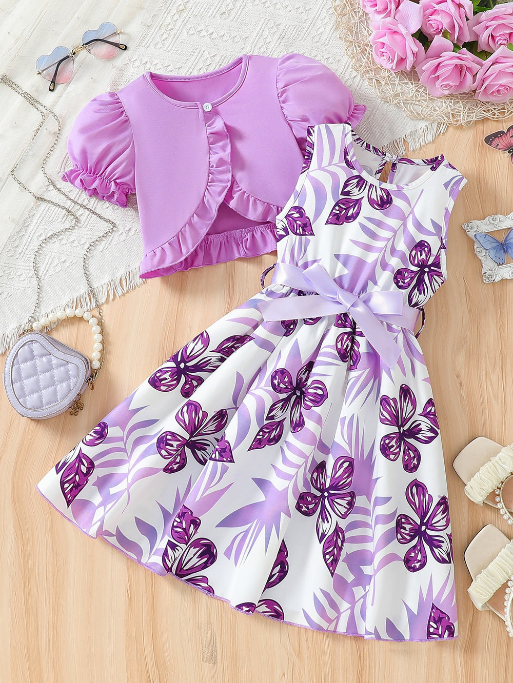 Girls' foreign trade dress set: purple open-front jacket with floral pattern and bow belt - two-piece outfit for children