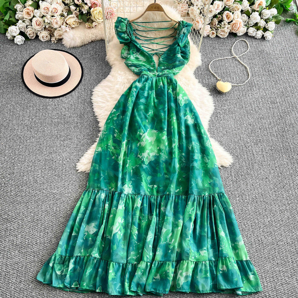 Frenchretrov neck small flying sleeves printingdress women's fashionbackless waist elegantlongruffles skirt