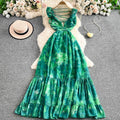 Frenchretrov neck small flying sleeves printingdress women's fashionbackless waist elegantlongruffles skirt