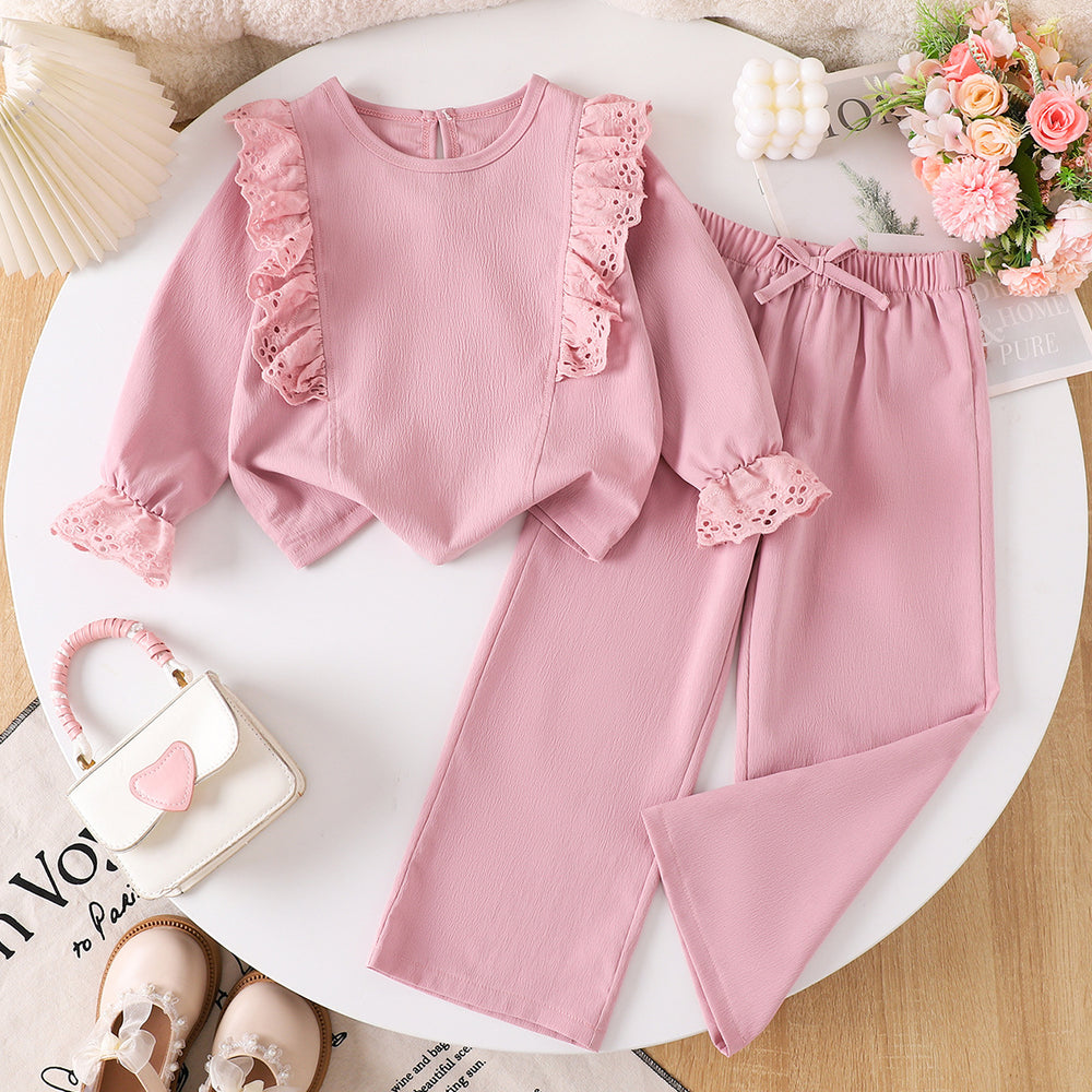 Girls' pink lace trim crewneck sweatshirt and bowknot patchwork pants set - stylish two-piece outfit for spring and autumn