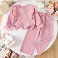 Girls' pink lace trim crewneck sweatshirt and bowknot patchwork pants set - stylish two-piece outfit for spring and autumn