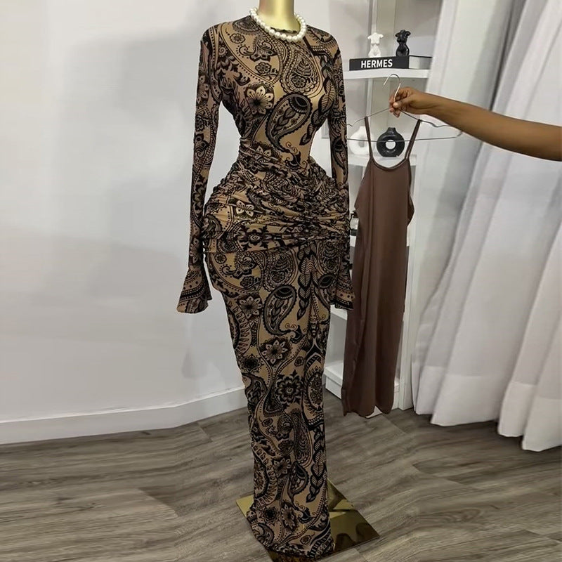 European and american cross-border women's fashion  summer new sexy elegant round neck printed ruched long sleeve dress two-piece set
