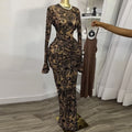 European and american cross-border women's fashion  summer new sexy elegant round neck printed ruched long sleeve dress two-piece set