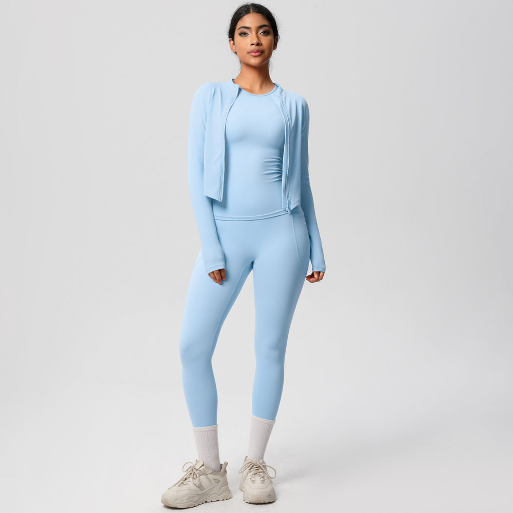 Solid color new outdoor casual quick-dry sports yoga outfit - tight-fitting, butt-lifting, pocketed shorts - fitness naked feel three-piece set