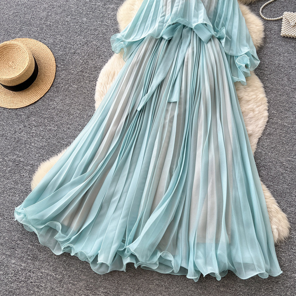 High-end resort style sleeveless halter dress for women, summer korean style, mint green, ruffle trim, pleated, elegant maxi dress
