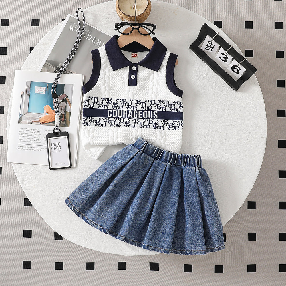 spring/summer new arrival: cross-border girls' textured knit top + a-line denim skirt pants two-piece set