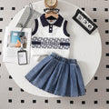 spring/summer new arrival: cross-border girls' textured knit top + a-line denim skirt pants two-piece set