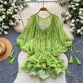 Vacation style green floral short-sleeved dress women's summer rufflesv neck bat sleeve high waist a-line skirt light oxygen feel