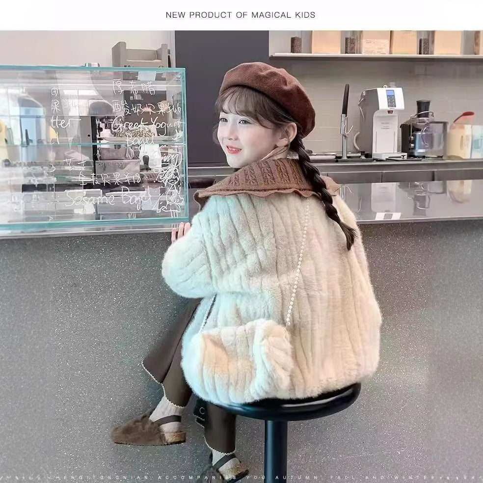 Girls' fleece-lined jacket,  new korean style children's winter outerwear, tweed-style girls' winter fleece sweater
