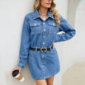 European and american cross-border e-commerce  french chic fashion long sleeve turn-down collar denim slim fit short dress for women