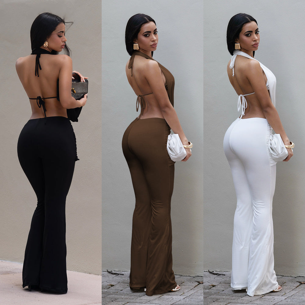 C7589 cross-border   fashion women's sexy solid color backless top and pants set - new