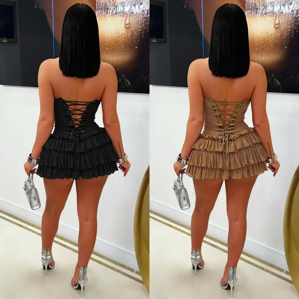 C7569 cross-border   fashion women's sexy bandeau tie-up ruffle mini dress