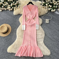 French retro chic v-neck metallic buckle color block long sleeve knit dress - slim fit mermaid maxi dress