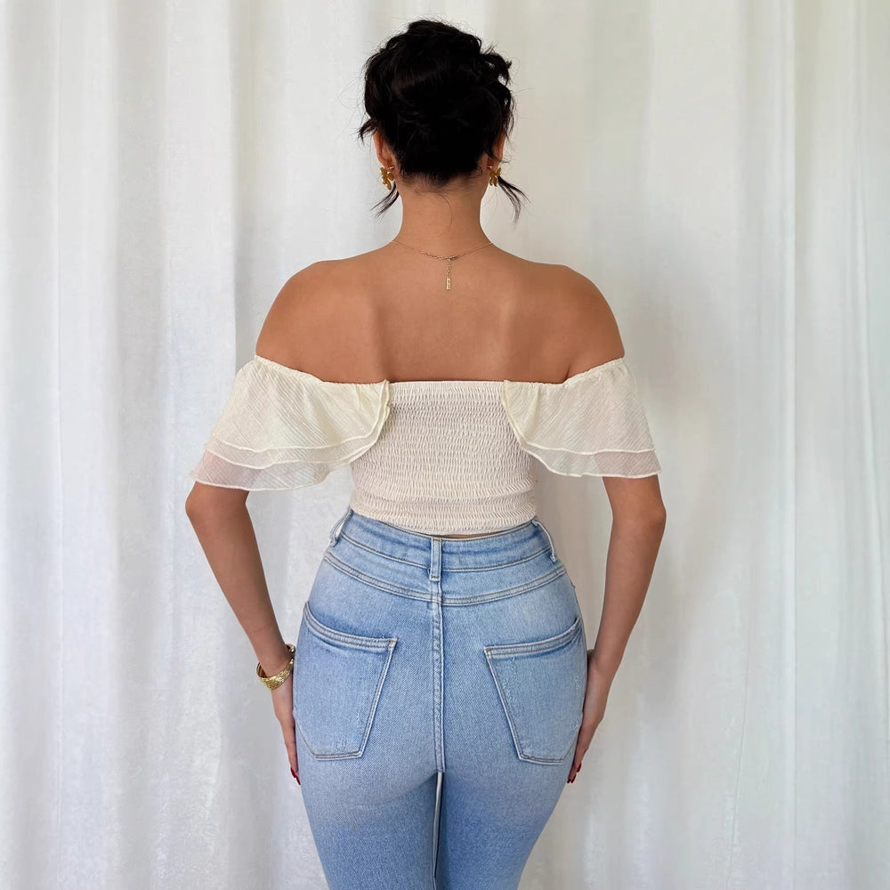 Amazon cross-border fashion one-shoulder rufflestube top fishbone waist silmshort t-shirt plus size hot girl