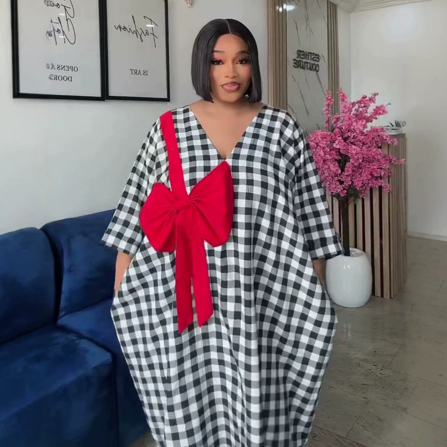 European and american cross-border african women's clothing  summer new arrival: elegant plaid loose plus size bow print dress