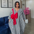 European and american cross-border african women's clothing  summer new arrival: elegant plaid loose plus size bow print dress