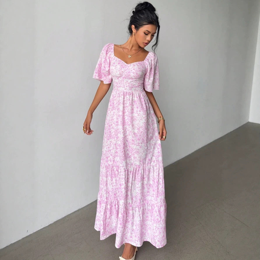 cross-border european and american french style new arrival: square neck puff sleeve dress - hot seller