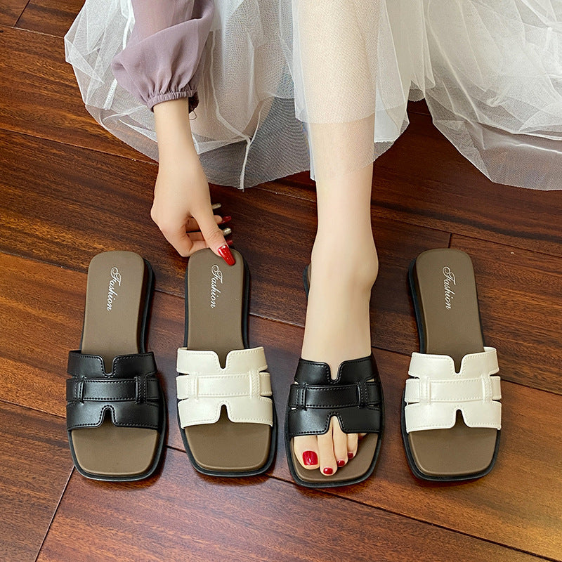 French flats internet celebrity square toe fashioneasiest for match one-line slippers new arrival summer style fairy braided outwear sandals women