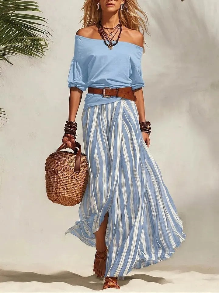 spring/summer new european and american cross-border nautical resort style off-shoulder top and slit skirt women's set