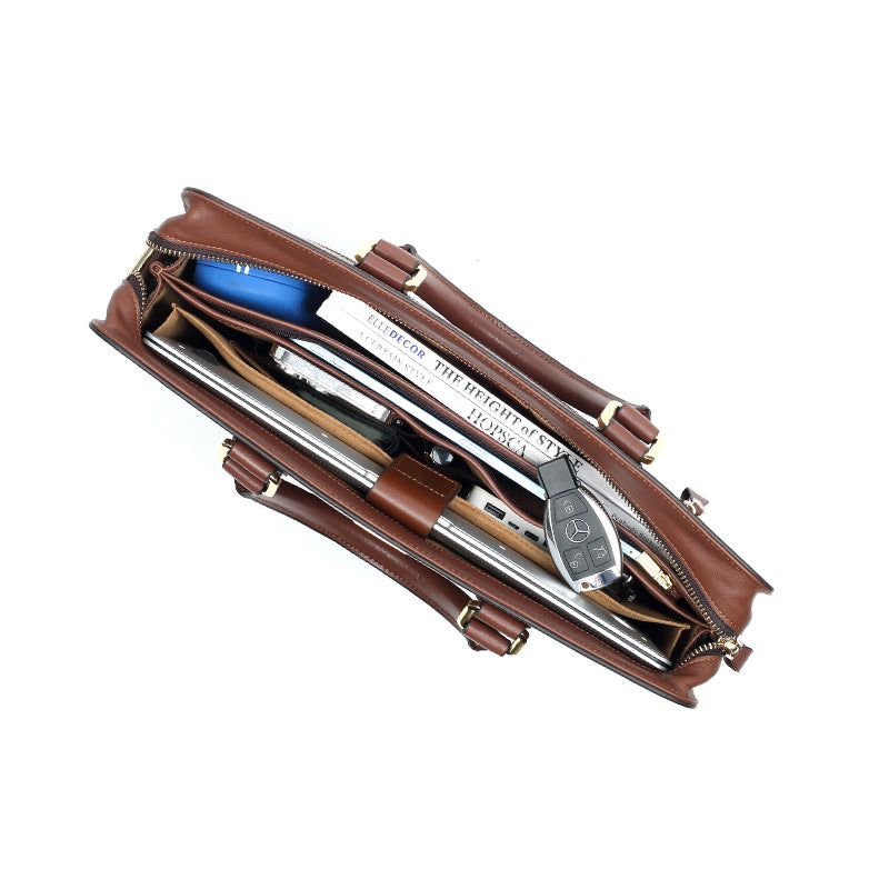 New leather men's bag two-layer cowhide computer bag business men's briefcase horizontal large-capacity men's handbag