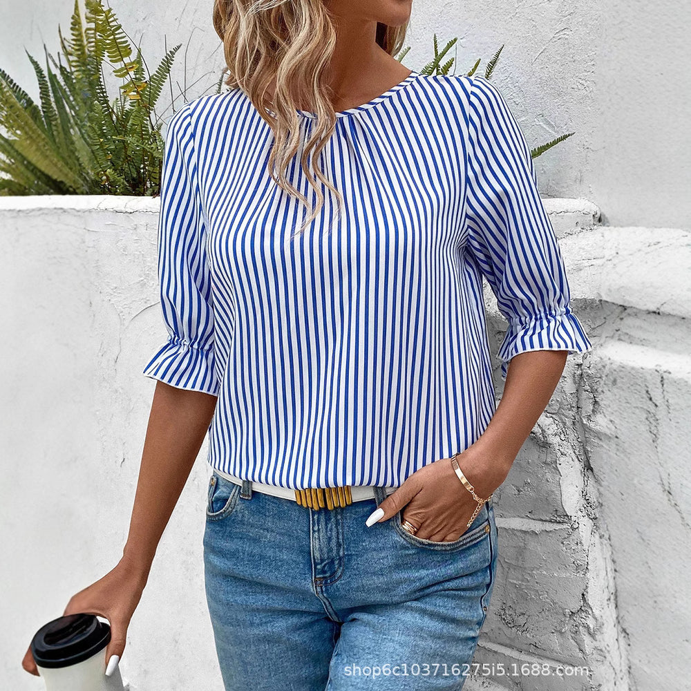 European and american cross-border women's clothing : spring/summer striped cardigan blouse - new loose fit casual women's top