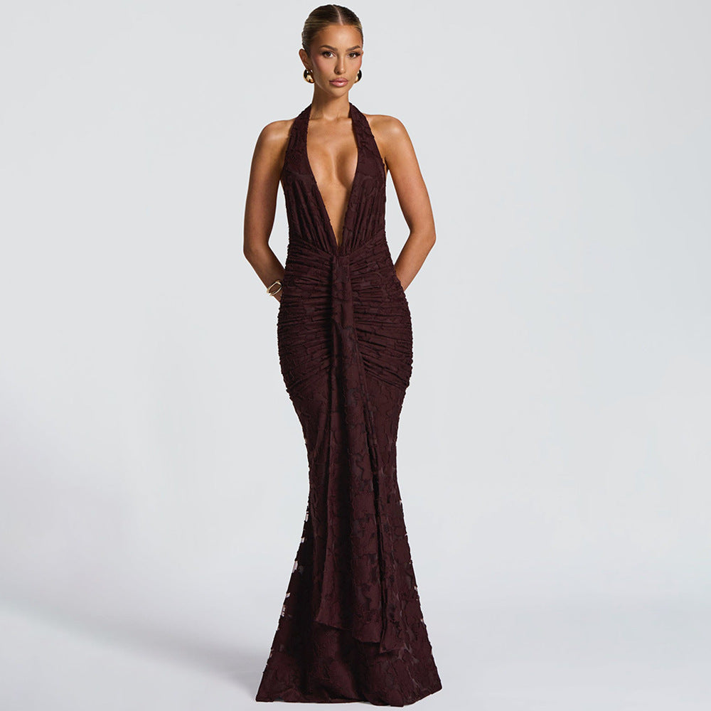 european and american cross-border new women's sexy deep v backless bodycon dress with tie-up ruched mermaid skirt