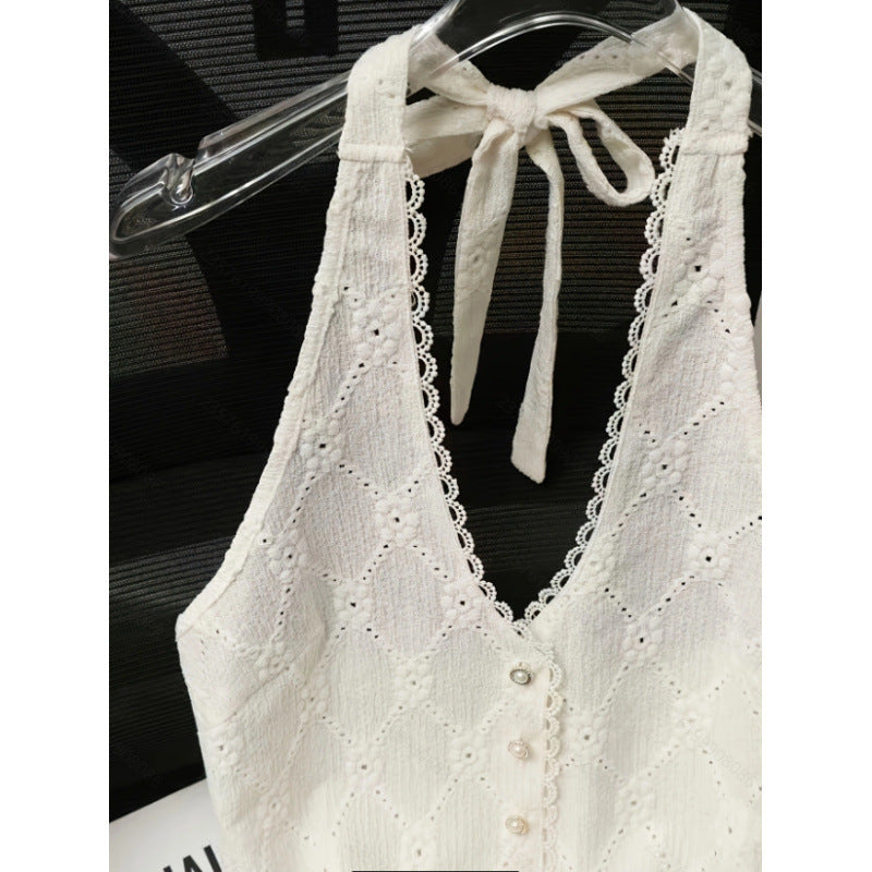 Women's summer new fashion elegant solid color backless pearl button decorated tie-up halter neck tank top