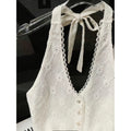 Women's summer new fashion elegant solid color backless pearl button decorated tie-up halter neck tank top