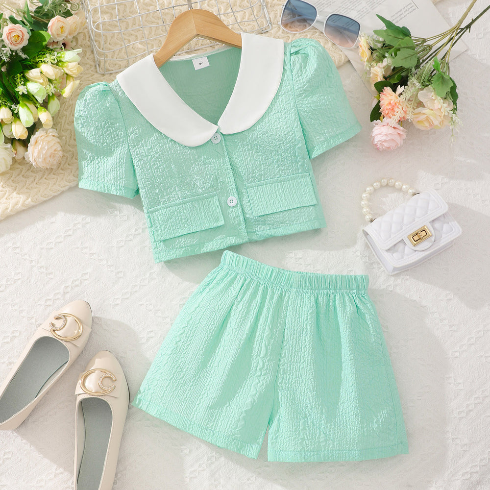 Children's short-sleeved y-neck pure color embossed shortssuit