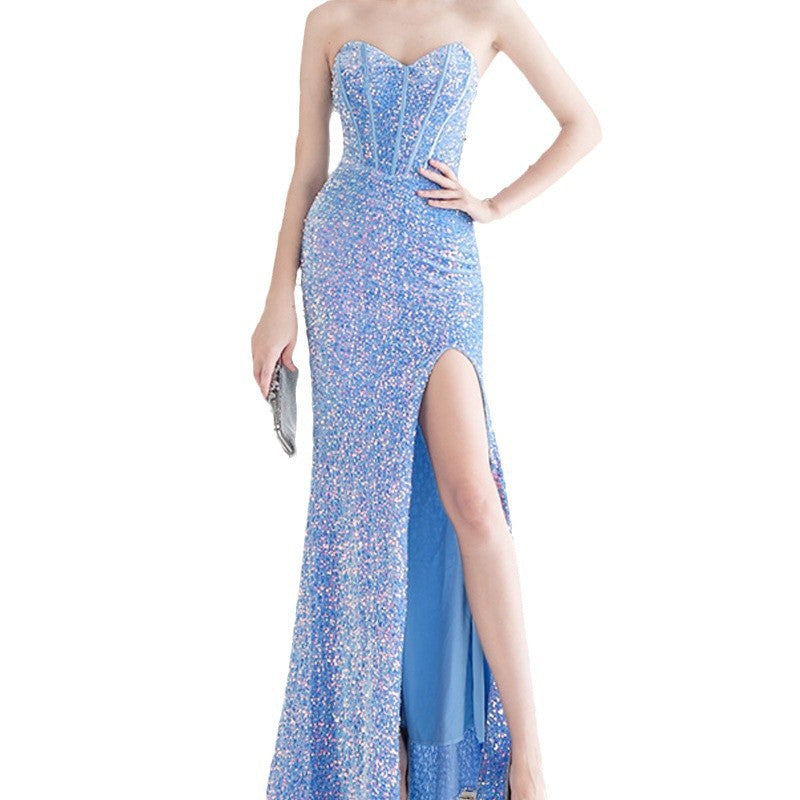 spring collection: new cross-border export product - iridescent sequin back tie-up bustier style side slit bandeau fishbone evening gown