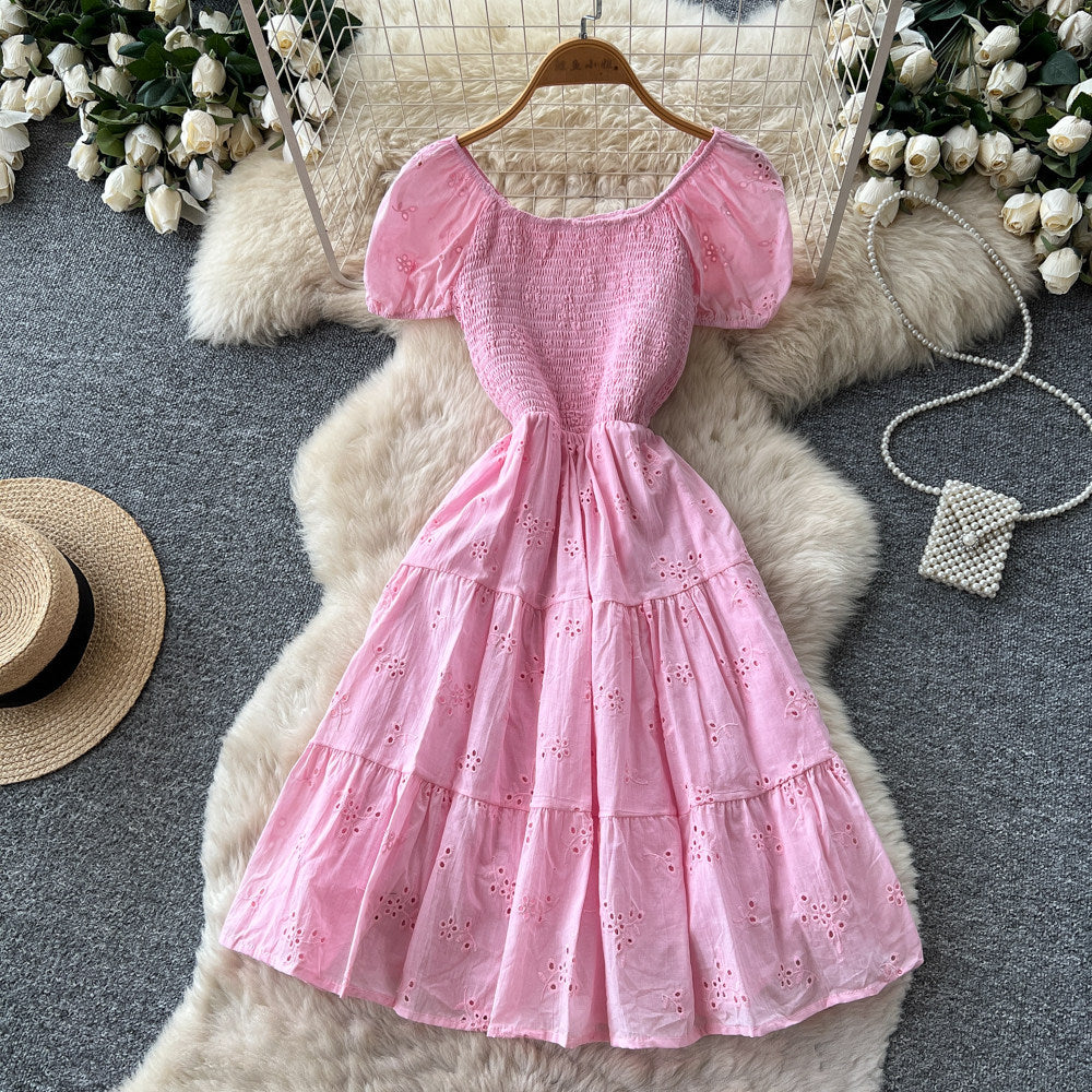 French chic one-shoulder bubble sleeve a-line dress - women's summer korean style short sleeve high waist slimming elegant dress