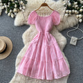 French chic one-shoulder bubble sleeve a-line dress - women's summer korean style short sleeve high waist slimming elegant dress