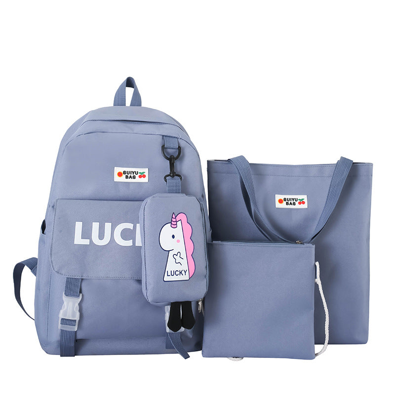 Manufacturer wholesale schoolbag female primary and secondary school students four-piece set third grade Korean version small fresh large capacity backpack to reduce the burden