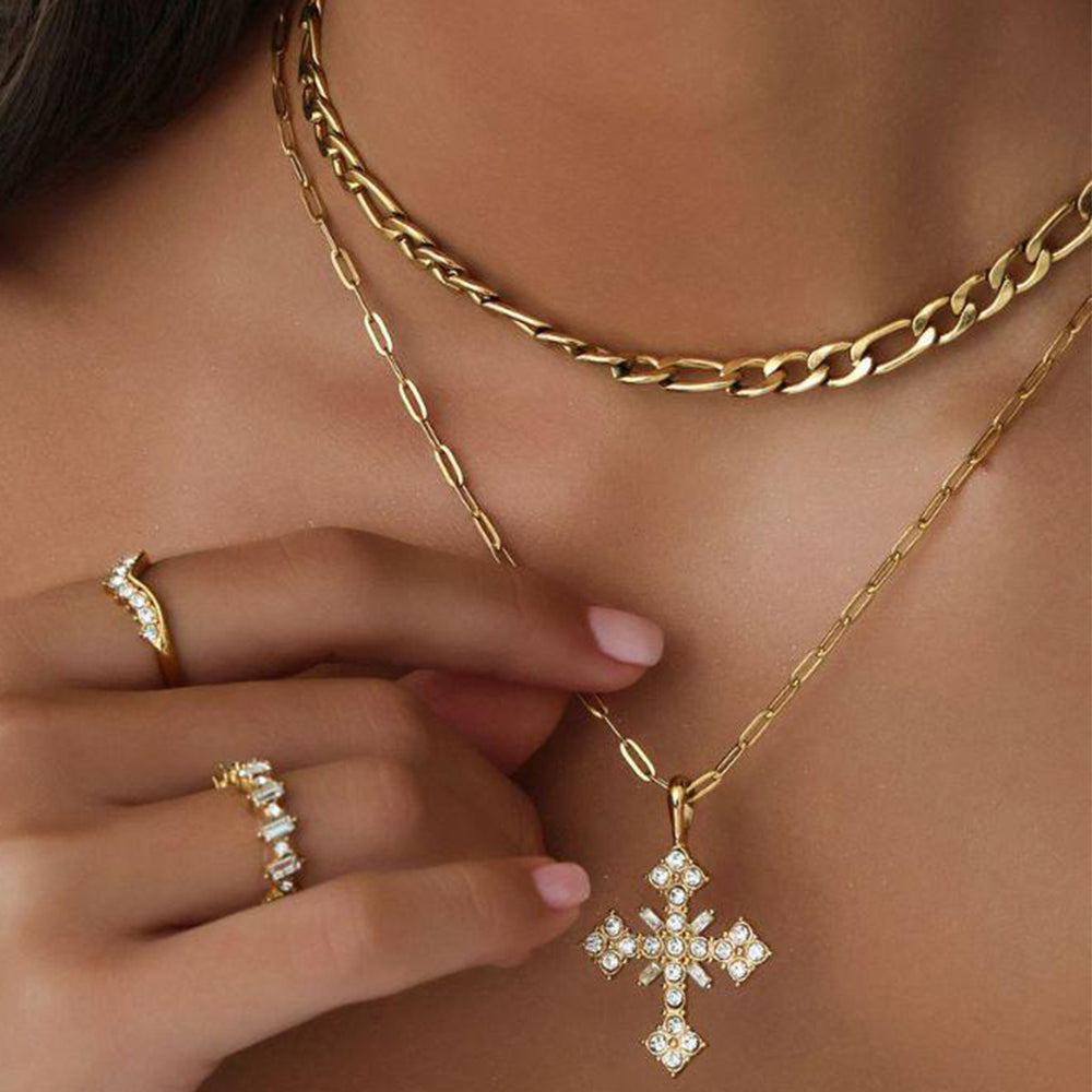 Wholesale necklace accessories: cross pendant with full diamond setting, versatile layering sweater necklace for women - cross-border luxury style