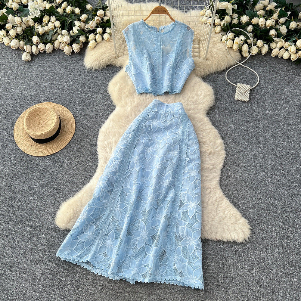 French style autumn outfit: elegant, high-end hollow-out lace embroidered sleeveless cropped top and high-waisted midi skirt set