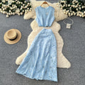 French style autumn outfit: elegant, high-end hollow-out lace embroidered sleeveless cropped top and high-waisted midi skirt set