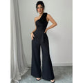 Women's one-shoulder jumpsuit with 3d floral appliqué, sleeveless wide-leg formal party romper
