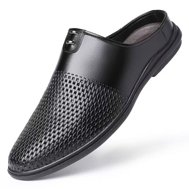New breathable men's casual soft leather shoes - summer hollow-out slip-on loafers, backless mules for men