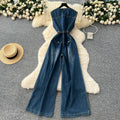 Sophisticated retro chic v-neck sleeveless jumpsuit for women -  summer collection: high-end, tie-waist denim wide-leg pants